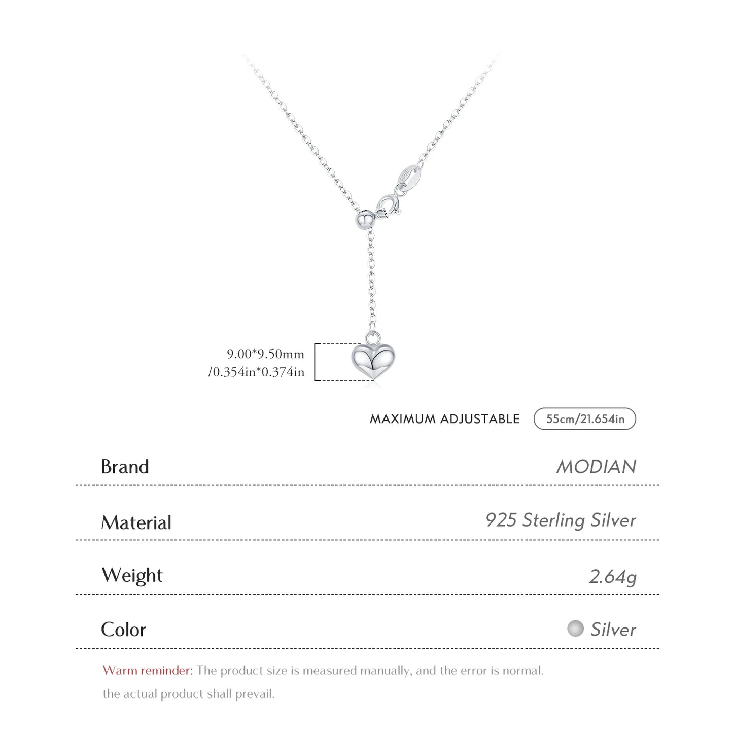 Gargantilla ajustable de moda MODIAN de plata de ley 925 con colgante de corazón apilable para mujer, joyería fina