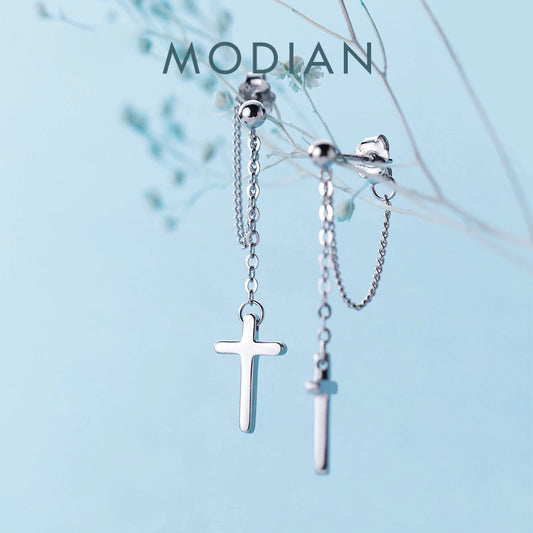 Modian Fashion Long Tassel Cross Drop Earrings Elegant Charm 925 Sterling Silver Swing Dangle Ear For Women Bead S925 Jewelry