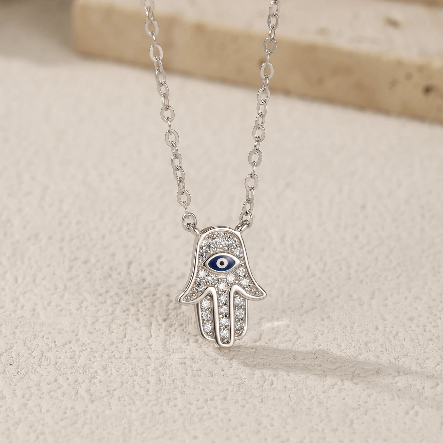 MODIAN 925 Sterling Silver Classic Full Zirconia Palm Pendant Necklace Charm Blue Enamel Eyes Link Chain For Women Jewelry
