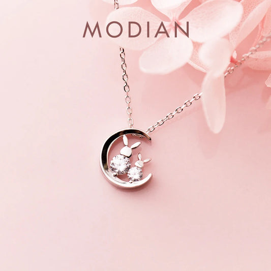 Gargantilla Modian Charm de plata de ley 925 auténtica con forma de luna y conejo para mujer y niña, regalo antialérgico.