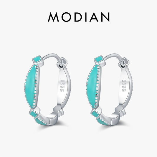 MODIAN 925 Sterling Silver Elegant Mint Green Enamel Ear Buckle Geometric Hoop Earrings For Women OL Fine Jewelry
