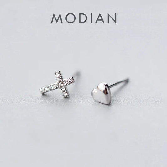 Pendientes pequeños con forma de cruz de Modian, circonita cúbica transparente, con forma de corazón, de amor y fe, de moda para mujer, brillantes, de plata de ley 925, joyería fina con dijes