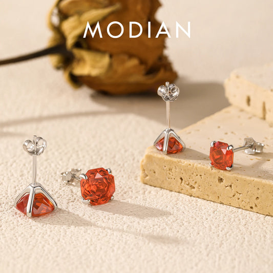 MODIAN 925 Sterling Silver Delicate Unisex Octagon Ear Stud Red Rose Cut Red CZ Stud Earrings For Women Fine Jewelry