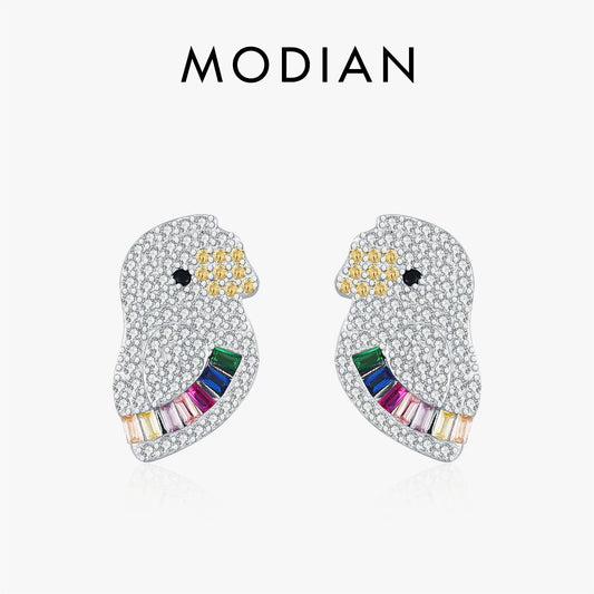 MODIAN 925 Sterling Silver Sparkling Luxury Full Zirconia Ear Studs Cute Parrot Big Stud Earrings For Women Fine Jewelry