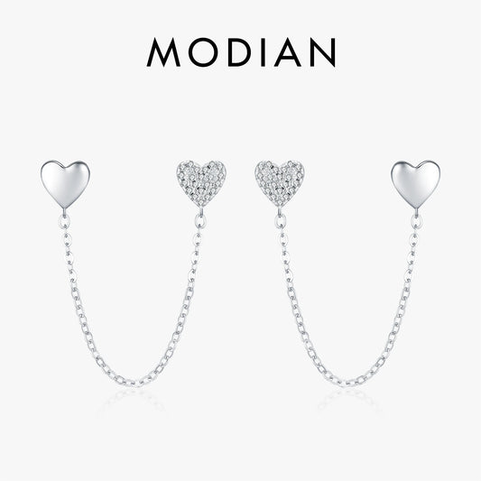 Pendientes MODIAN de plata de ley 925 con borlas y cadena larga, delicados pendientes de tuerca con forma de corazón y circonita cúbica para mujer, joyería fina apilable.
