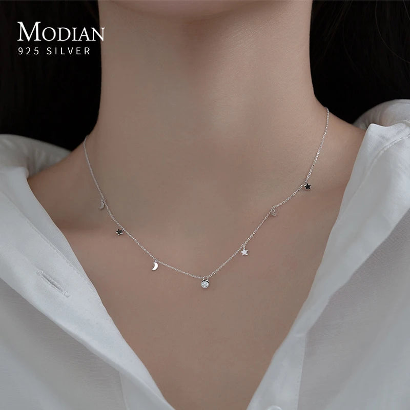 Modian 925 Sterling Silver Star And Moon Chain Sparkling Starry Link Chain Pendant Necklaces For Women Prevent Allergy Jewelry