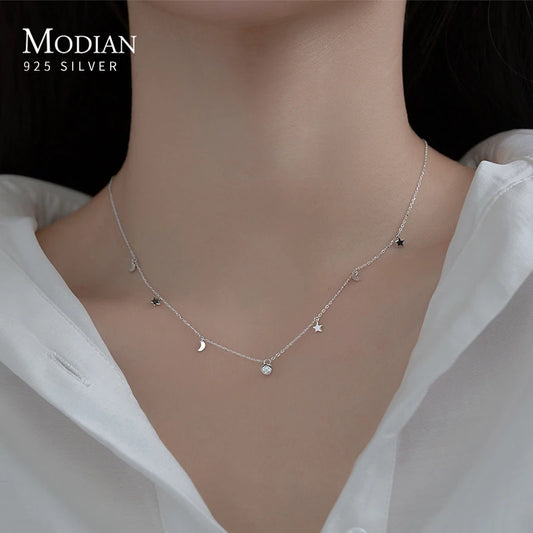 Modian 925 Sterling Silver Star And Moon Chain Sparkling Starry Link Chain Pendant Necklaces For Women Prevent Allergy Jewelry