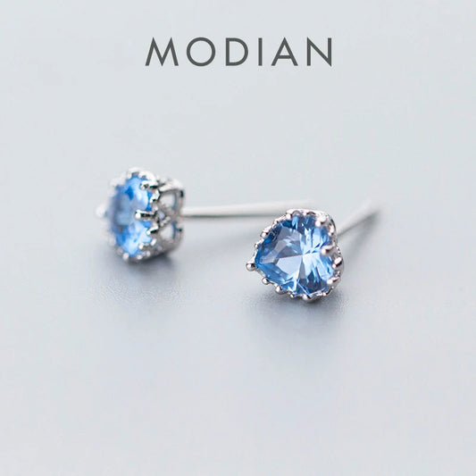 Pendientes Modian de plata de ley 925 con forma de corazón y circonita azul para mujer, color dorado, joyería fina de plata 925.