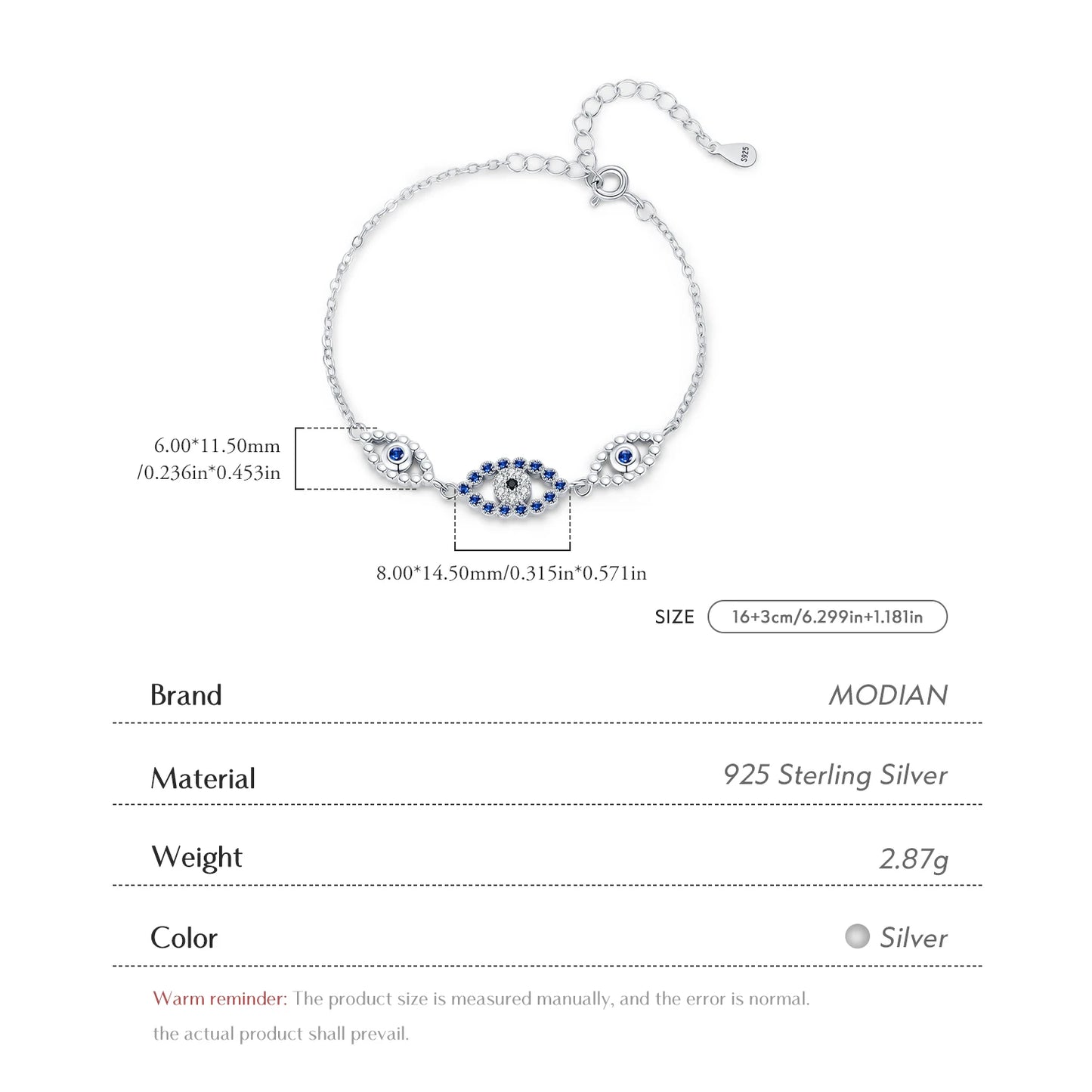MODIAN 925 Sterling Silver Hollow Blue Zirconia Eyes To Eyes Bracelet Fashion Link Chain Bracelets For Women Vacation Jewelry