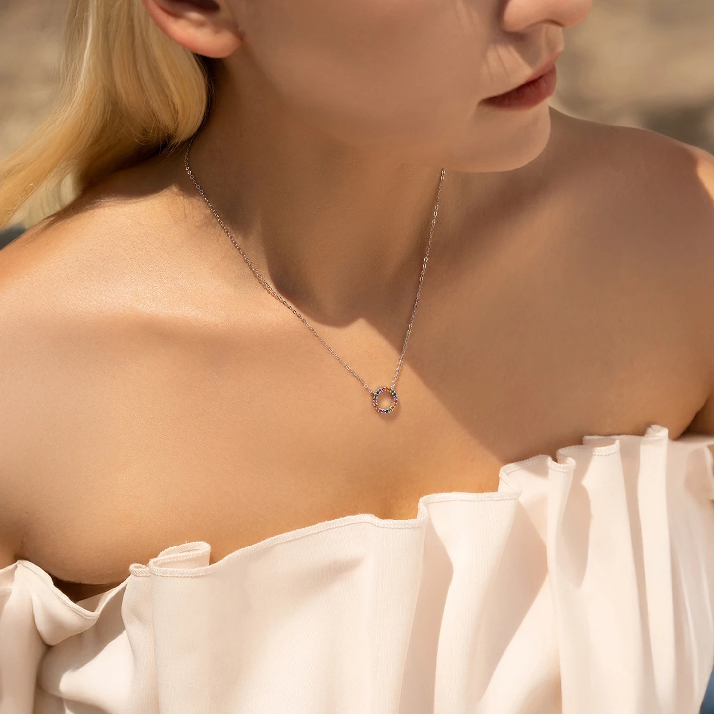 MODIAN 925 Sterling Silver Daily Wear Link Chain Necklace Colorful CZ Circle Simple Pendant Necklaces For Women Fine Jewelry