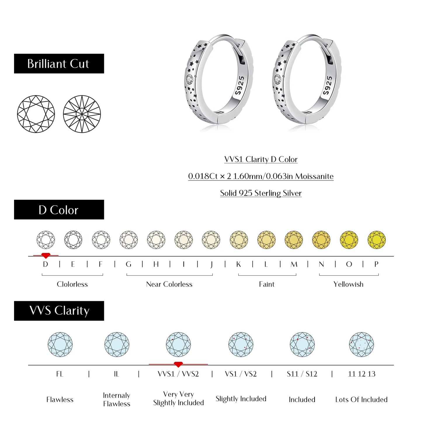 MODIAN D Color Moissanite Ear Buckles 925 Sterling Silver Sparkle Retro Hollow Stars Hoop Earrings For Women Fine Jewelry