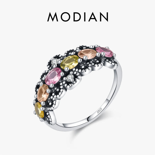 Anillos de dedo MODIAN de plata de ley 925 con diseño de encaje geométrico y circonita cúbica de color caramelo vintage para mujer