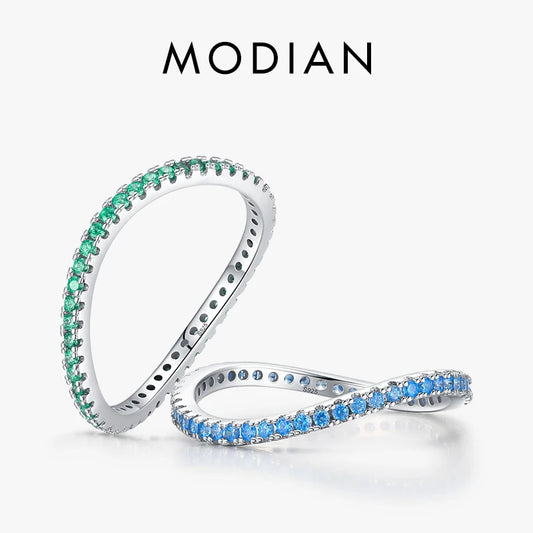 Anillo de eternidad MODIAN de plata de ley 925 con circonitas cúbicas multicolores y diamantes simulados para mujer, joyería de boda con ondas irregulares a la moda