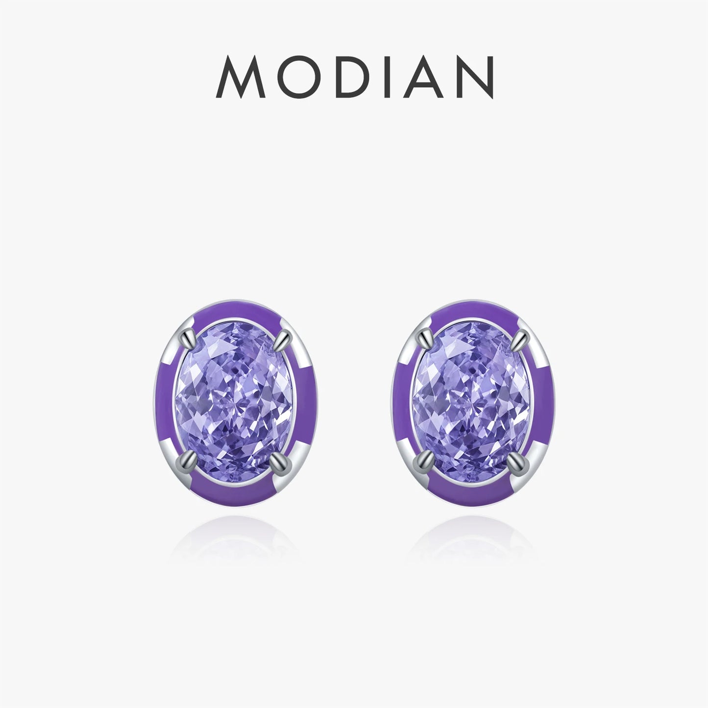 MODIAN Real 925 Sterling Silver Oval Lavender Purple Enamel Crushed Ice Cut CZ Stud Earrings For Women Delicate Fine Jewelry