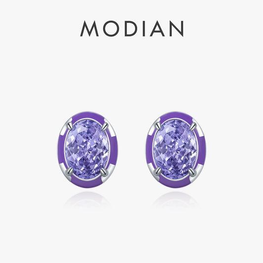 MODIAN Real 925 Sterling Silver Oval Lavender Purple Enamel Crushed Ice Cut CZ Stud Earrings For Women Delicate Fine Jewelry