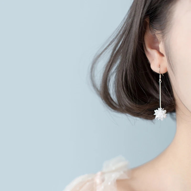 Modian Genuine 100% 925 Sterling Silver Long Chain Snowflake Crystal Drop Earrings Fashion Dangle Ear For Women Charm Jewelry
