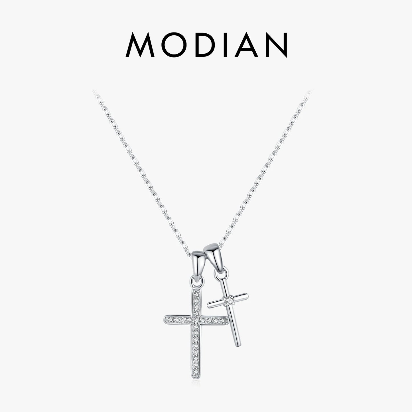 Collar con colgante de cadena de eslabones de circonita de doble cruz, clásico y delicado de plata de ley 925 de MODIAN para mujer, joyería fina, regalos