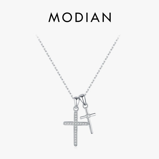 Collar con colgante de cadena de eslabones de circonita de doble cruz, clásico y delicado de plata de ley 925 de MODIAN para mujer, joyería fina, regalos