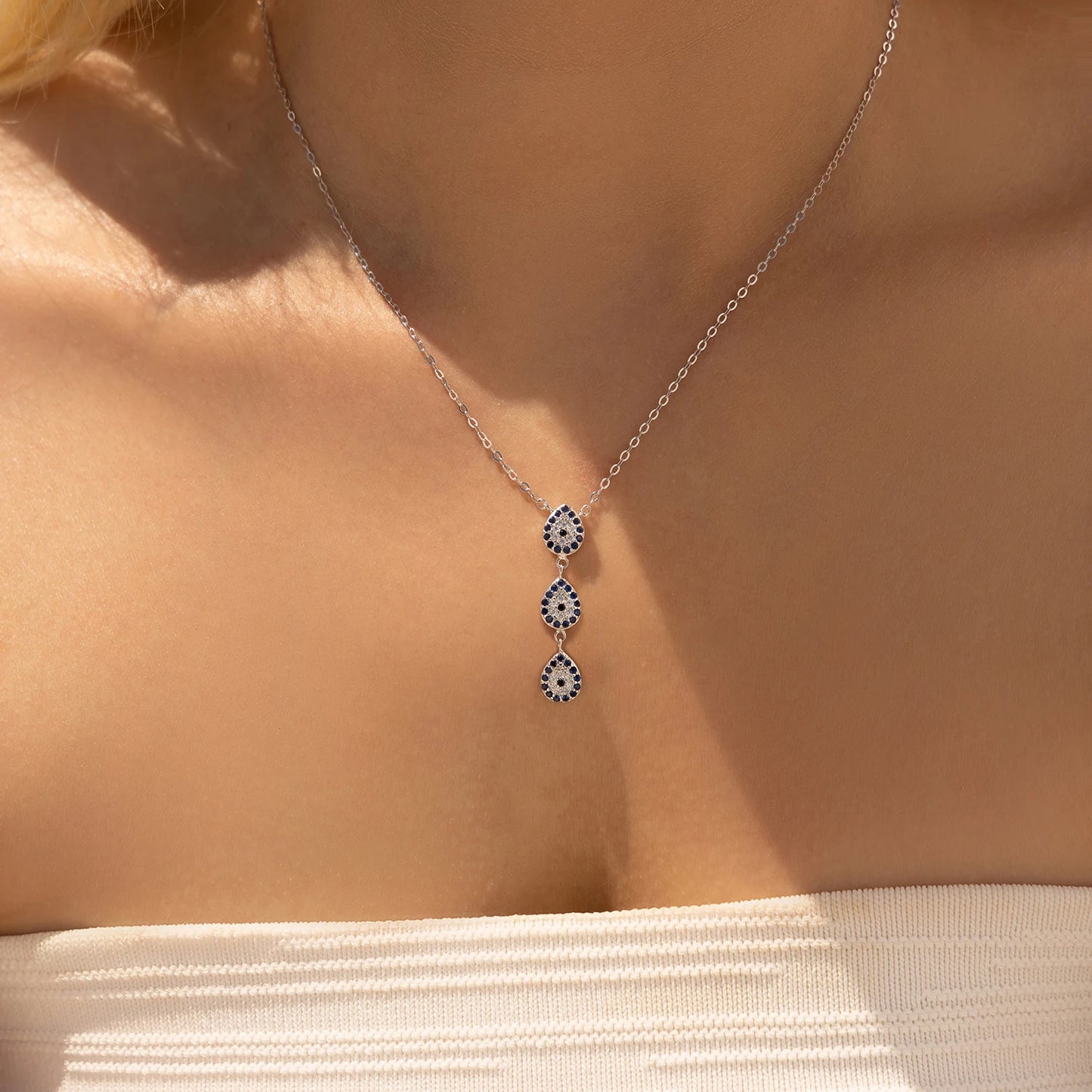 MODIAN 925 Sterling Silver Charming Blue Eyes Sparkling CZ Heart Palm Paper Clips Pendant Necklaces For Women Fine Jewelry