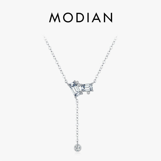 Collar con colgante en forma de Y de cadena de eslabones rectangulares de circonita cúbica transparente de MODIAN en plata de ley 925 para mujer, joyería fina