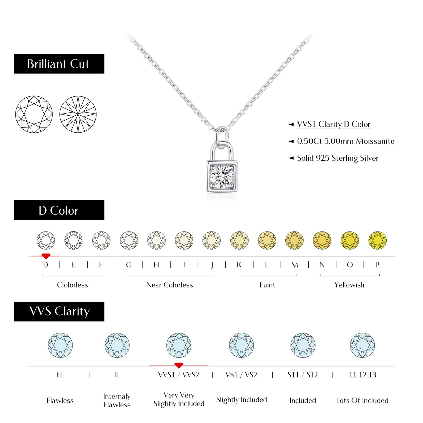 MODIAN 0.5 Carat D Color Moissanite Lock Pendant Necklace For Women 925 Sterling Silver Party Stackable Fine Jewelry With Boxes