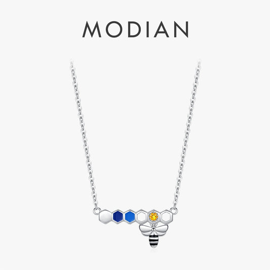 MODIAN 925 Sterling Silver Original Cute Colorful Enamel Honeycomb Bee Pendant Necklace Link Chain CZ Necklace For Women Jewelry