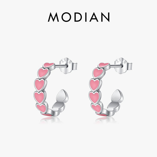 Pendientes MODIAN de plata de ley 925 con forma de C y corazones románticos, esmalte rosa, joyería de amor para mujeres y niñas.