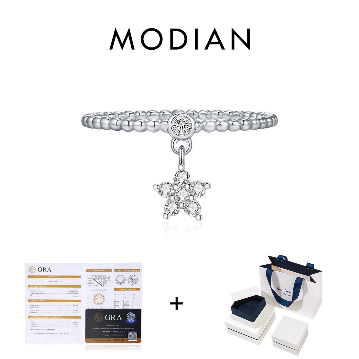 MODIAN D Color Flowers Moissanite Rings 925 Sterling Silver Beads Shiny Stars Swing Pendant Ring For Women Daisy Fine Jewelry