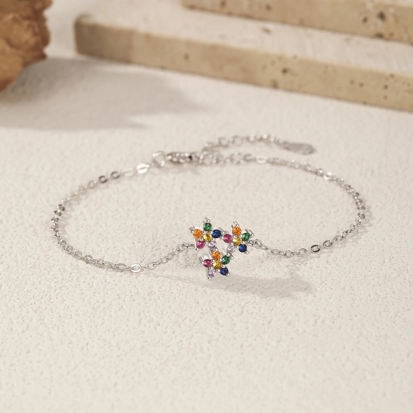 MODIAN 925 Sterling Silver Cute Rainbow Color Zirconia Three Small Flowers Link Chain Bracelets For Women Fine Jewelry