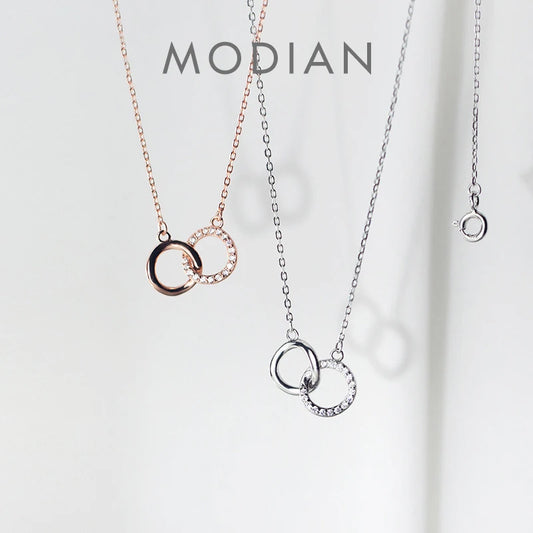Colgante Modian Simple Vintage de circonita cúbica transparente con forma geométrica redonda entrelazada en plata de ley 925 para mujer, cadena de eslabones, collar, joyería fina