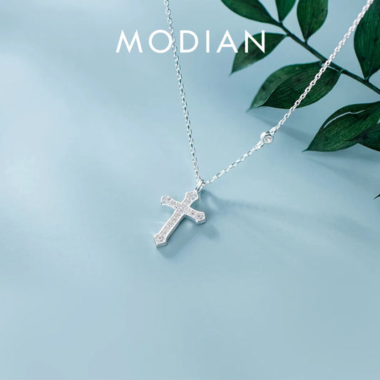 MODIAN Fashion Radiant AAA Zircon Cross for Women Pure 925 Sterling Silver Simple Necklace Ethnic Style Fine Jewelry Party Gift