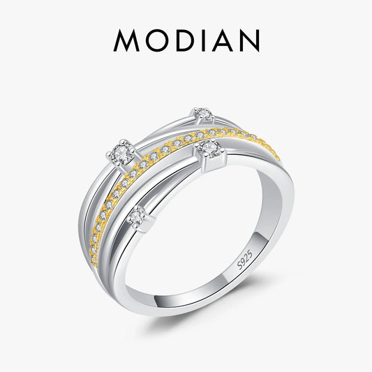 MODIAN 925 Sterling Silver Luxury Contrasting Colors Ring Trendy Twist Line CZ Finger Rings For Women Fine Jewelry