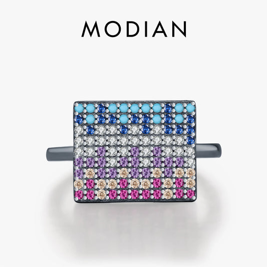 MODIAN 925 Sterling Silver Punk Synthetic Turquoise Rectangle Finger Rings Vintage Mosaic Colorful Ring For Women Fine Jewelry