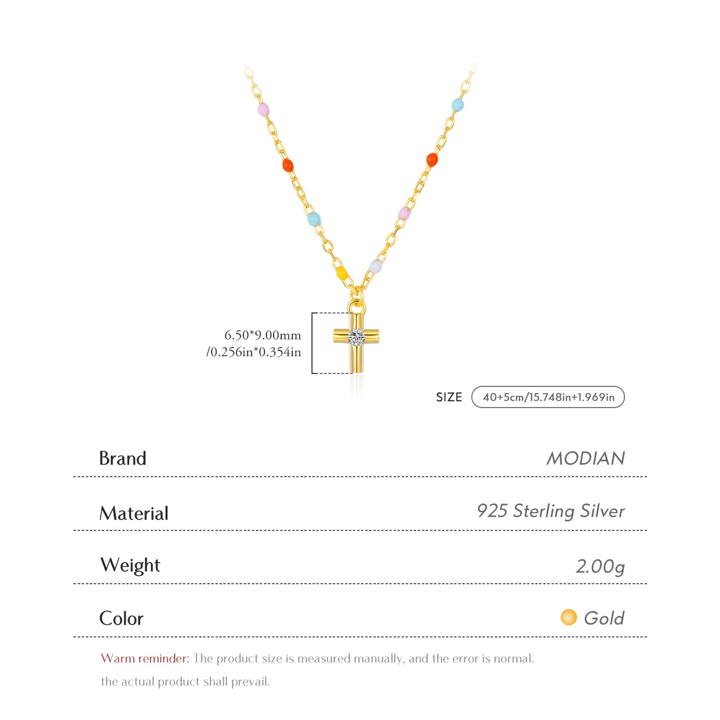 MODIAN 925 Sterling Silver Delicate Cross Pendant Necklace Colorful Enamel Beads Chain Necklace for Women Party Dainty Jewelry