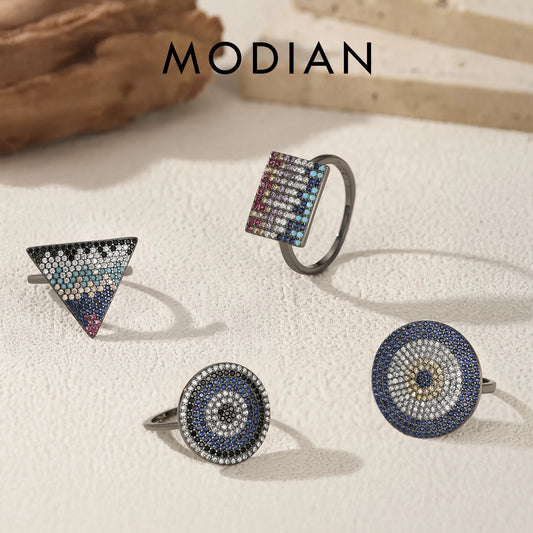 MODIAN 925 Sterling Silver 4 Styles Hip Hop Black Color Rings Full CZ Geometric Round Finger Rings For Women Party Fine Jewelry