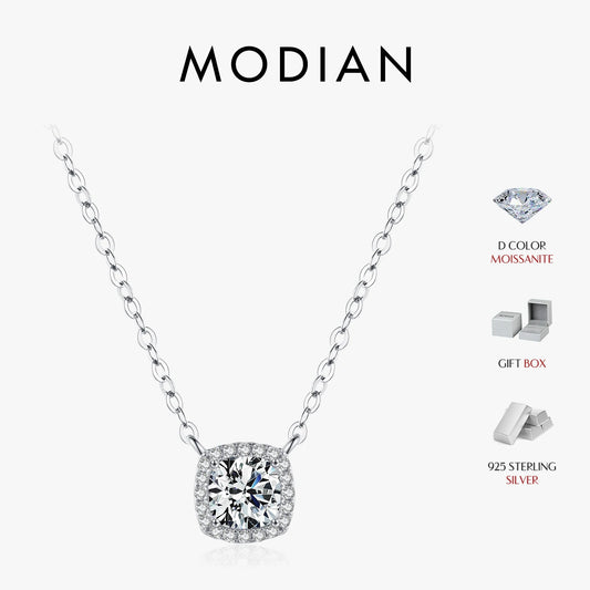 Collar con colgante de moissanita con halo de corte cojín cuadrado de 1 quilate de MODIAN para mujer, plata de ley 925, deslumbrante joyería nupcial para bodas.