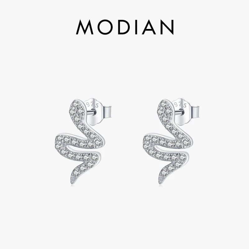 Pendientes MODIAN de plata de ley 925 con circonitas cúbicas brillantes y forma de serpiente para mujer, aretes de animales, joyería moderna y llamativa.