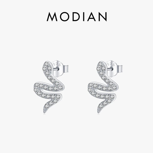 Pendientes MODIAN de plata de ley 925 con circonitas cúbicas brillantes y forma de serpiente para mujer, aretes de animales, joyería moderna y llamativa.