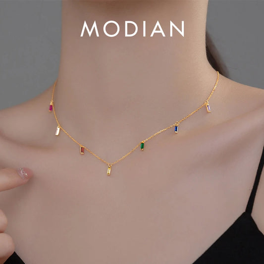 Collar Modian de plata de ley 925 con circonita arcoíris y gypsophila para mujer, cadena larga de moda, chapado en platino, joyería fina, regalo