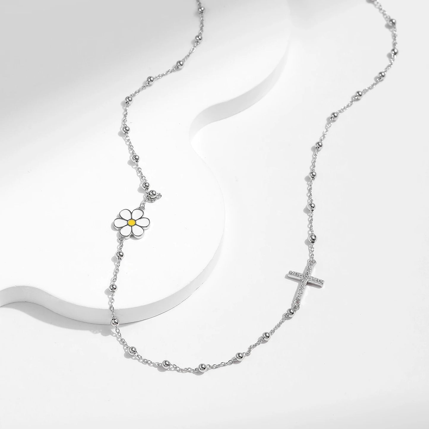 MODIAN 925 Sterling Silver Classic Daisy & Cross Dazzling Choker Pendant Necklace Dainty Beads Link Chain For Women Jewelry