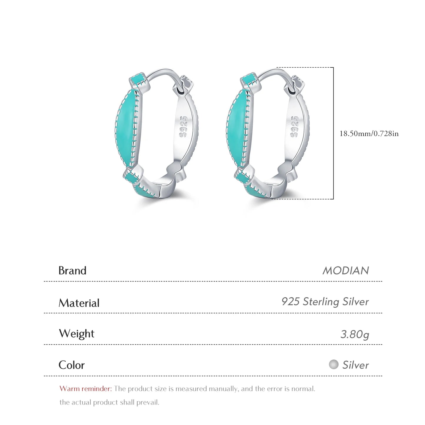 MODIAN 925 Sterling Silver Elegant Mint Green Enamel Ear Buckle Geometric Hoop Earrings For Women OL Fine Jewelry