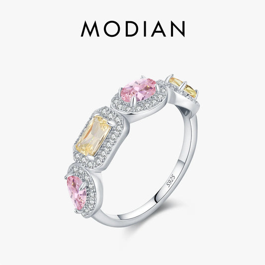 MODIAN 925 Sterling Silver Luxury Rectangle Pink & Yellow Ring Exquisite Sugar Cube Eternity Band Rings For Women Fine Jewelry