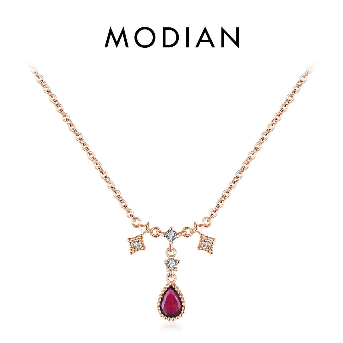 Collar con colgante de gota de agua de lujo MODIAN de plata de ley 925 con circonita azul y roja, cadena de eslabones clásica para mujer, joyería de boda