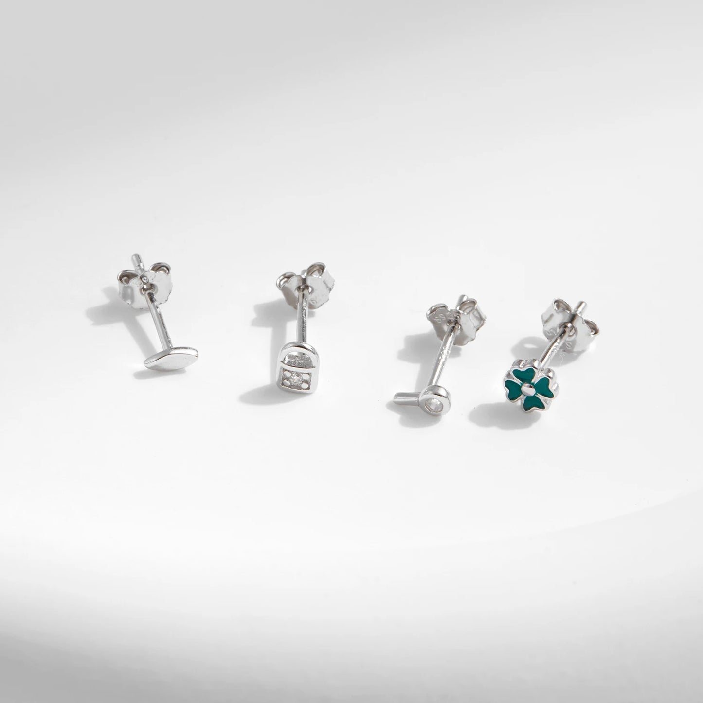 MODIAN 4PCS Tiny Earrings 925 Sterling Silver Lock & Key And Four Leaf Clover Fashion Stackable Stud Earrings For Women Jewelry