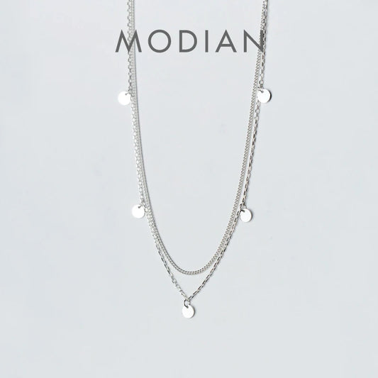 Collar con colgante de lentejuelas de doble capa de plata esterlina 925 auténtica de Modian Classic para mujer, collares ajustables, joyería fina