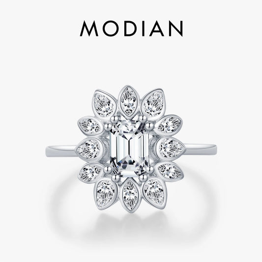 Anillo de cóctel de lujo MODIAN de plata de ley 925 con flores y circonitas brillantes para mujer, joyería fina para boda y compromiso.