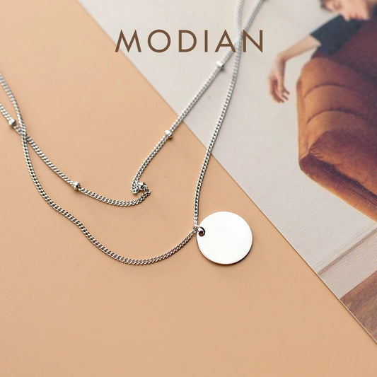 Collar con colgante de bola pequeña de lentejuelas minimalistas de Modian para mujer, regalo de plata de ley 925, collar de cadena doble, joyería fina