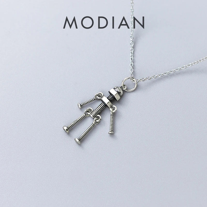 MODIAN Simple Link Chain Necklace for Women 925 Sterling Silver Vintage Screw Robot Pendant Necklace Fine Jewelry Design