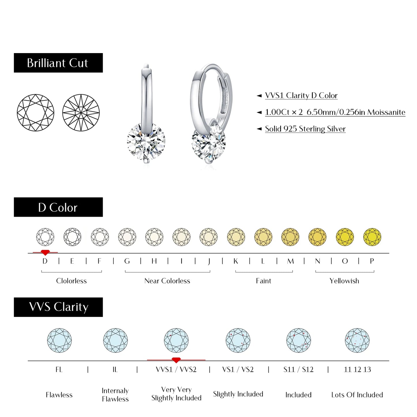 MODIAN 1.0CT D Color Moissanite Hoop Earrings 925 Sterling Silver Luxury Buckle Earrings For Women Wedding Fine Jewelry Gifts