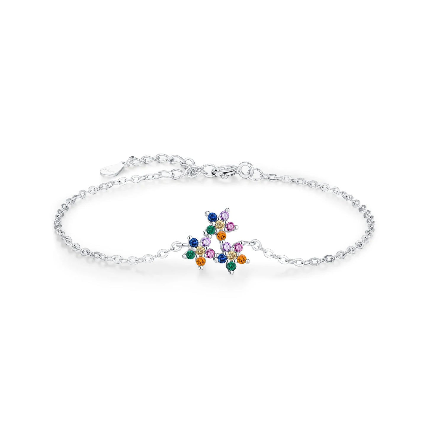 MODIAN 925 Sterling Silver Cute Rainbow Color Zirconia Three Small Flowers Link Chain Bracelets For Women Fine Jewelry